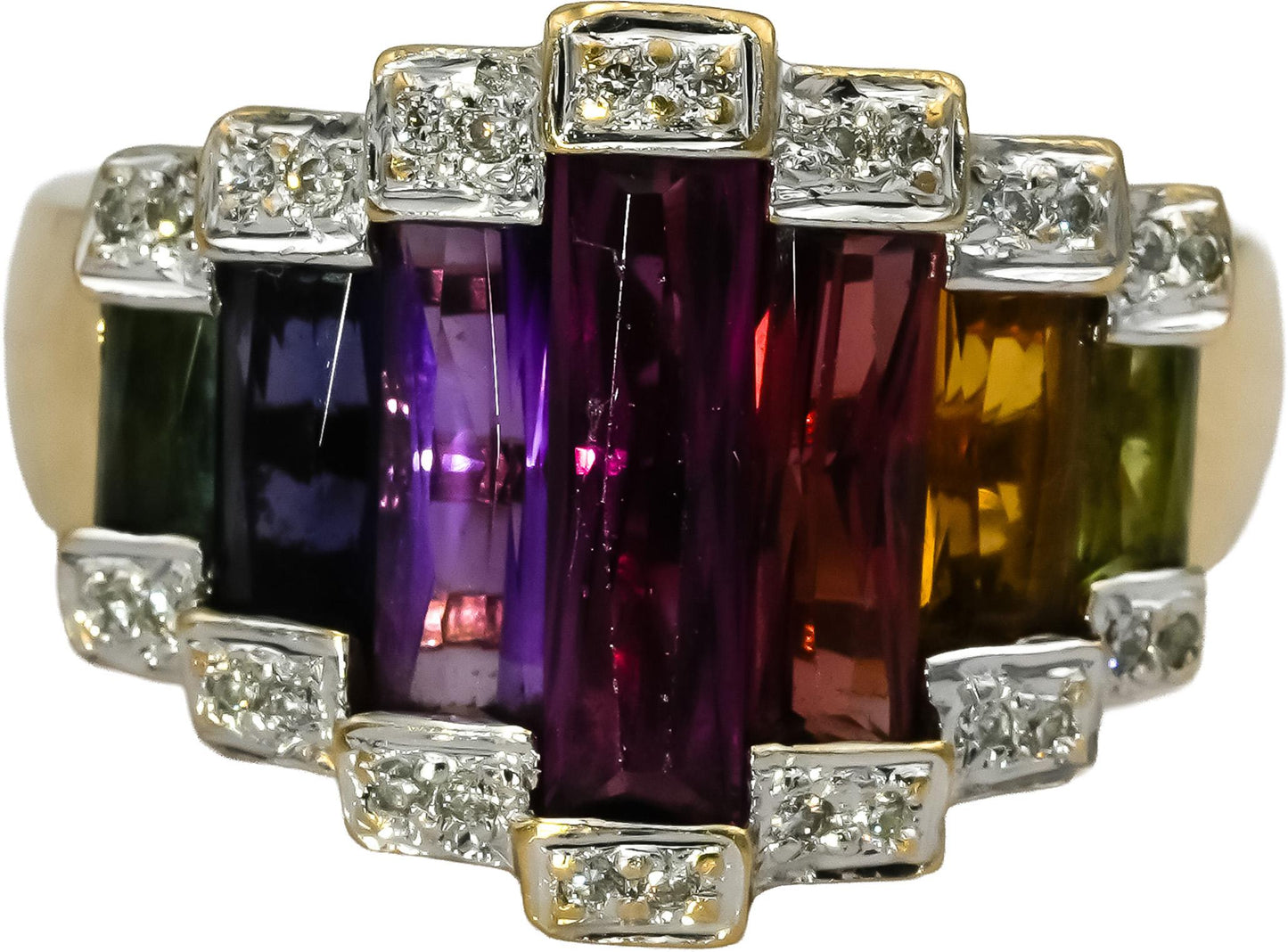 BELLARI 18k Yellow Gold Diamond and Rainbow Gemstone Cocktail Ring 0.07CT Size 7