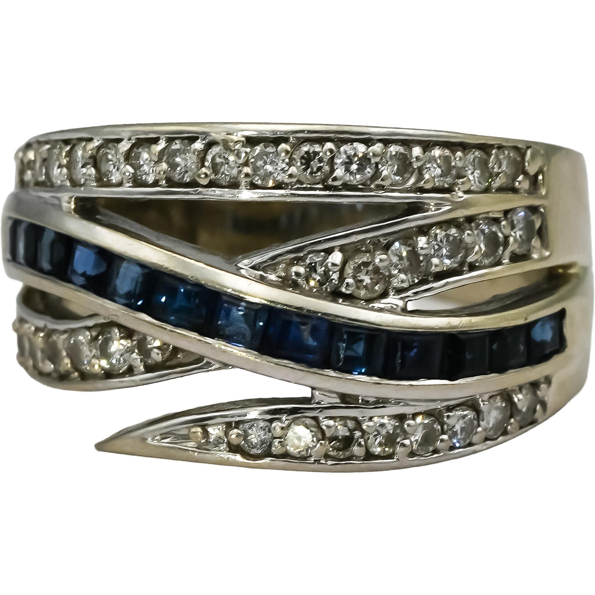 14k White Gold Diamond and Sapphire Crossover Ring 1.25CT Size 7.75