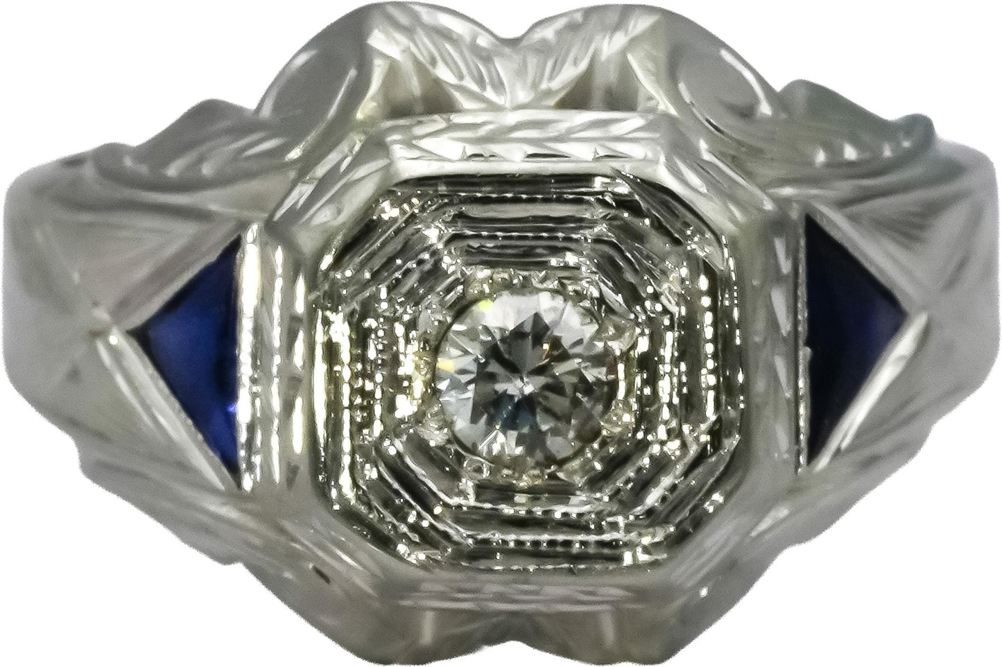 Antique 18k White Gold Diamond and Sapphire Cocktail Ring 0.15CT Size 8