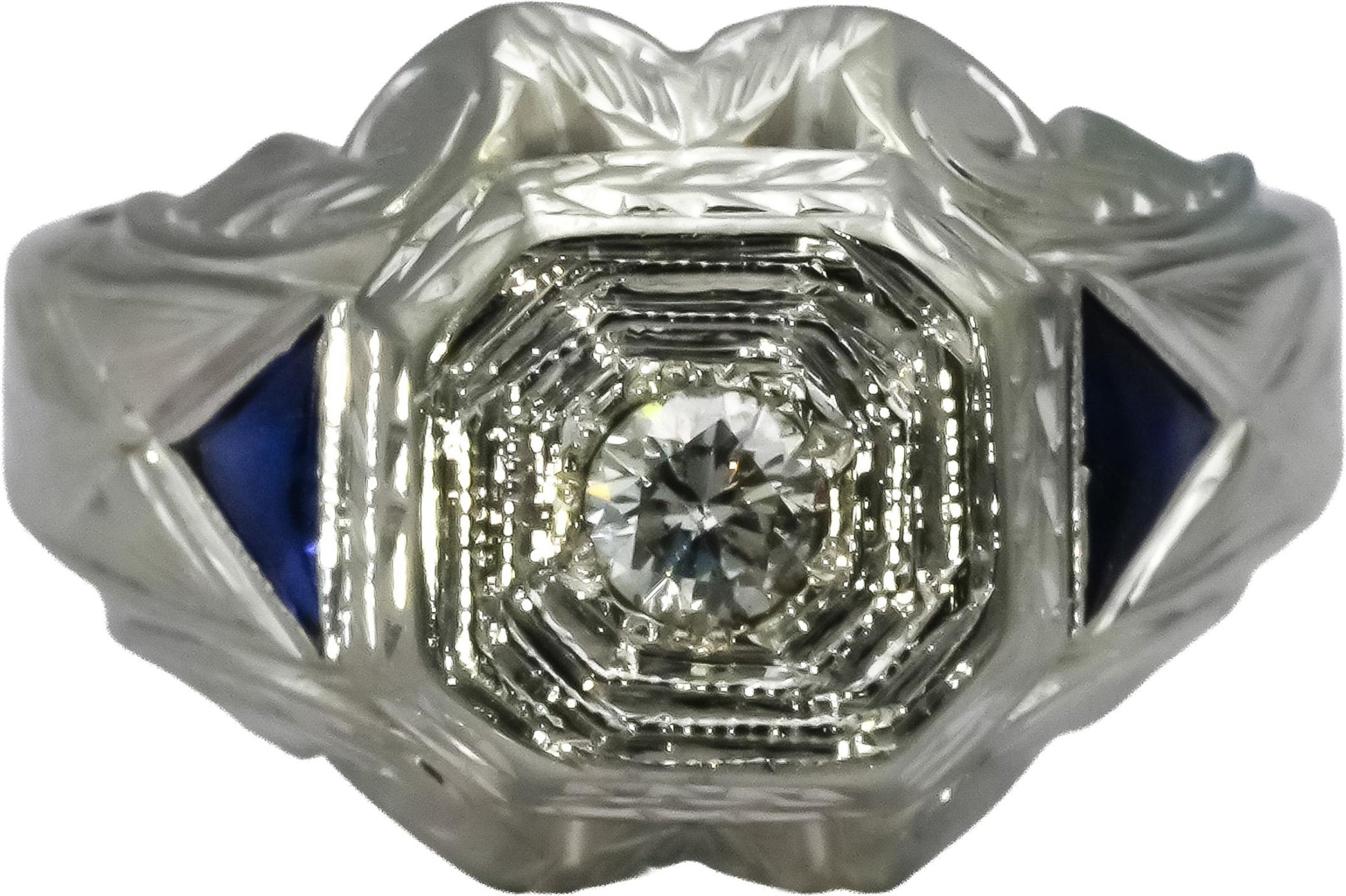 Antique 18k White Gold Diamond and Sapphire Cocktail Ring 0.15CT Size 8