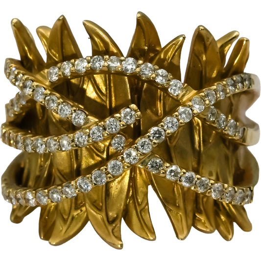 14k Yellow Gold Round Diamond Floral Leaf Cocktail Ring 1.0CT Size 7