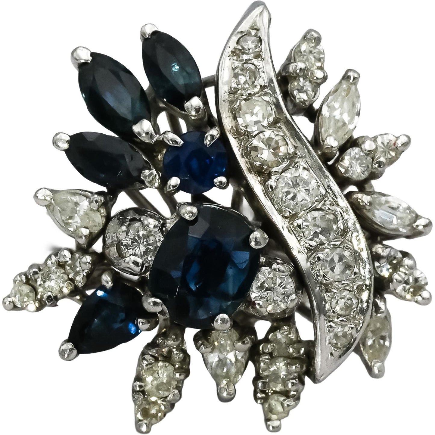 Vintage Antique 14k White Gold Diamond and Sapphire Cocktail Ring 2.0CT Size 7.5