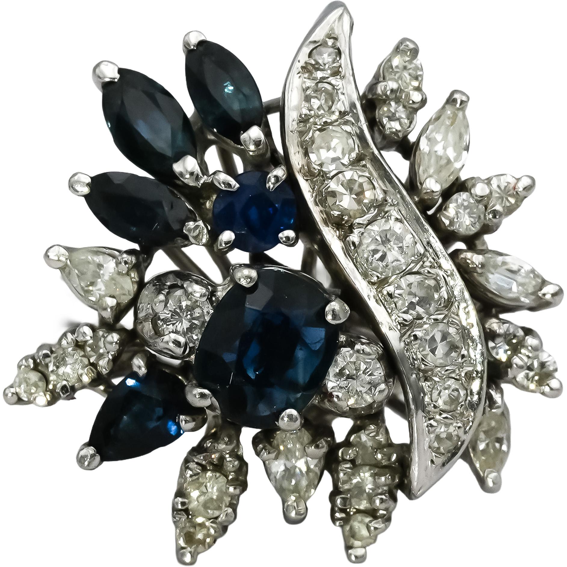 Vintage Antique 14k White Gold Diamond and Sapphire Cocktail Ring 2.0CT Size 7.5