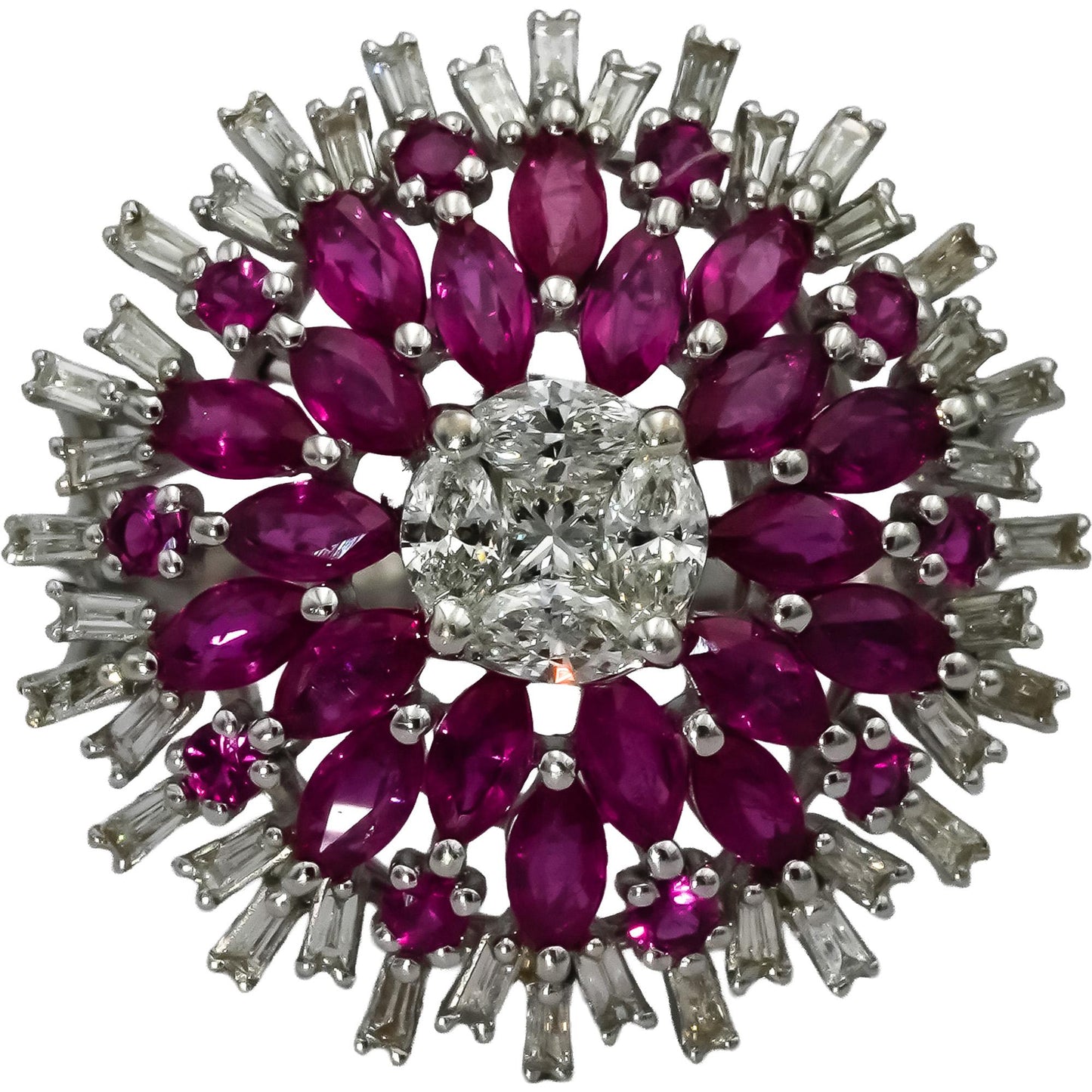 18k White Gold Diamond and Ruby Cocktail Ring 2.85CT Size 7