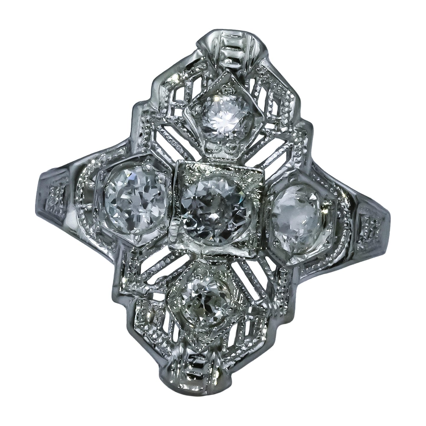 Art Deco Antique Filigree 14k White Gold Old Euro Diamond Ring 0.70CT Size 4.25