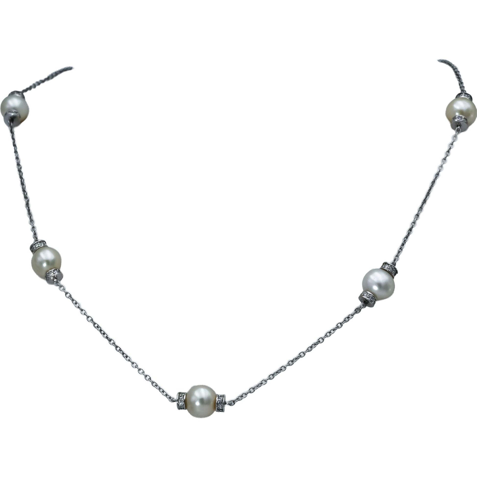 14k White Gold Round Diamond and 8mm Pearl Chain Necklace 0.80CT
