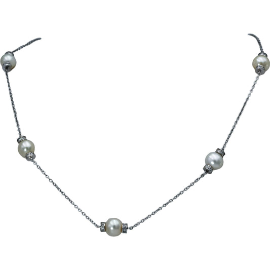 14k White Gold Round Diamond and 8mm Pearl Chain Necklace 0.80CT