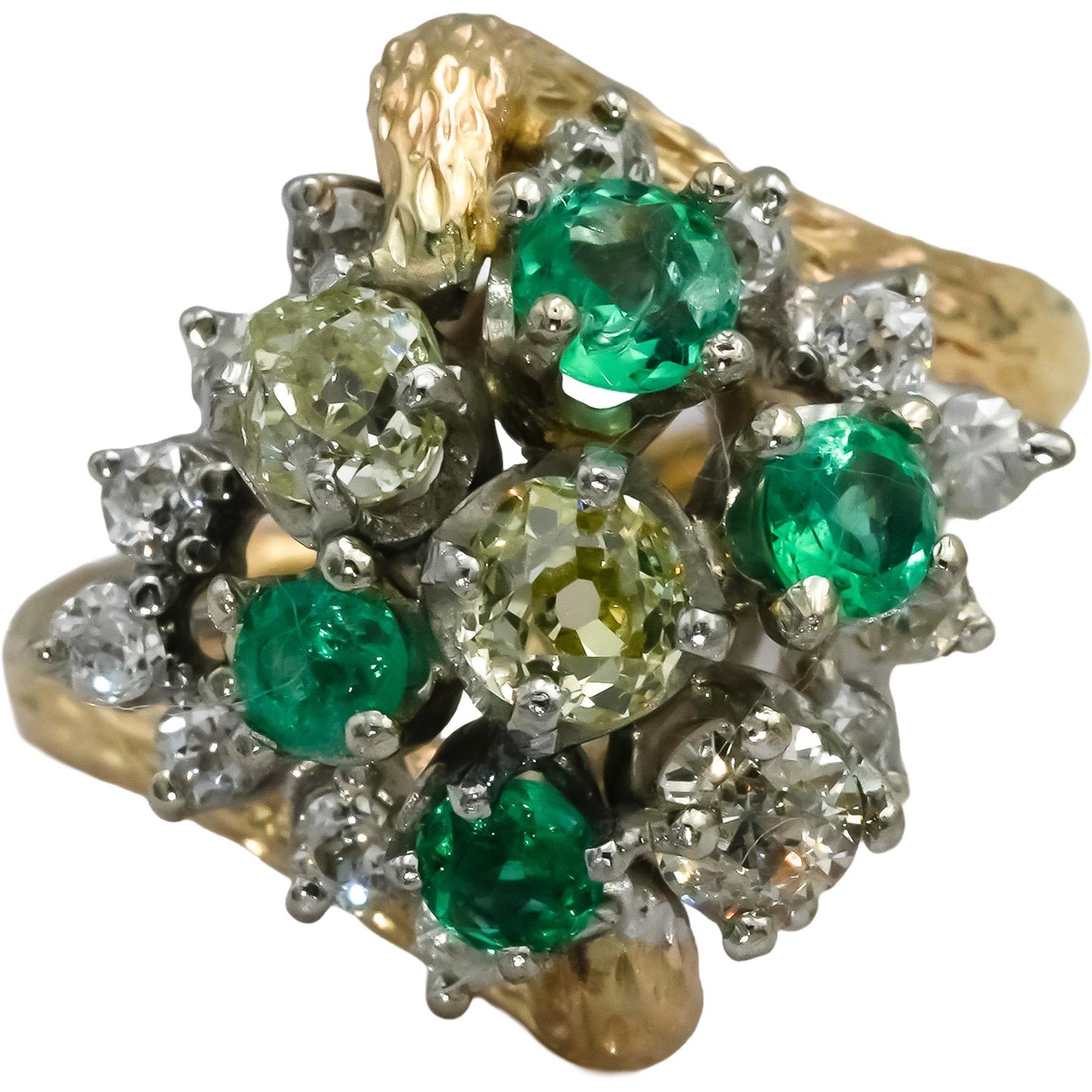 Vintage 14k Yellow & White Gold Emerald and Light Yellow Diamond Ring 2.10CT