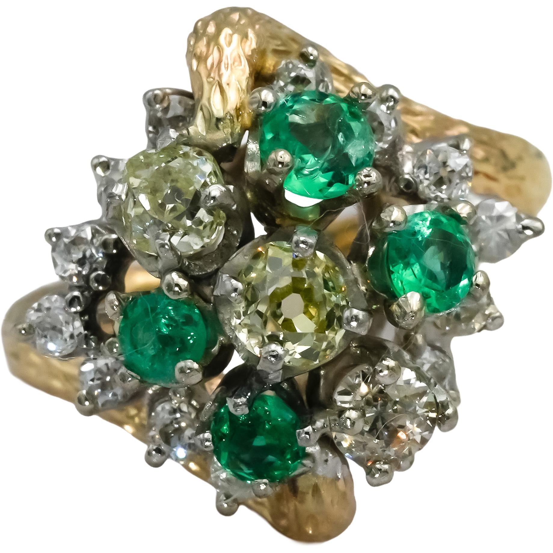 Vintage 14k Yellow & White Gold Emerald and Light Yellow Diamond Ring 2.10CT