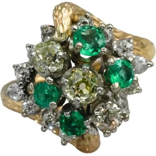 Vintage 14k Yellow & White Gold Emerald and Light Yellow Diamond Ring 2.10CT