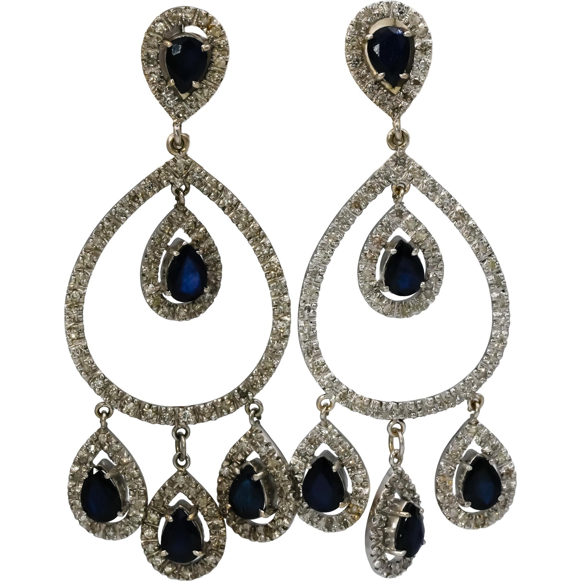 18k White Gold Diamond and Sapphire Chandelier Dangle Earrings 10.0CT