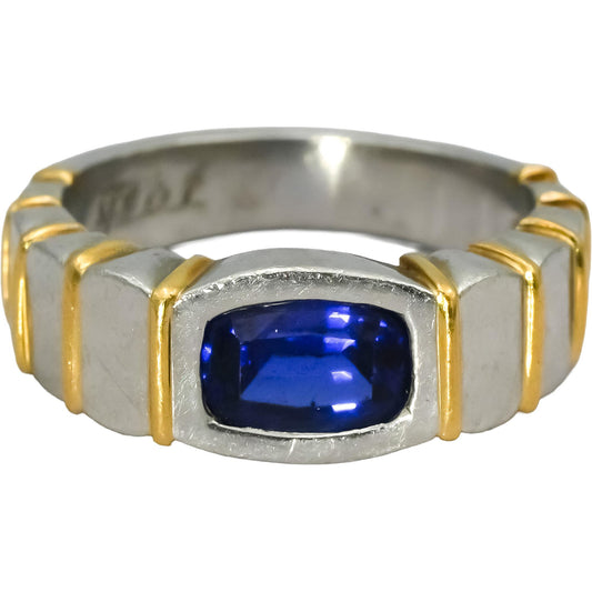 Platinum & 18k Gold Vivid Medium Blue Sapphire Solitaire Ring 1.25CT Size 4.75