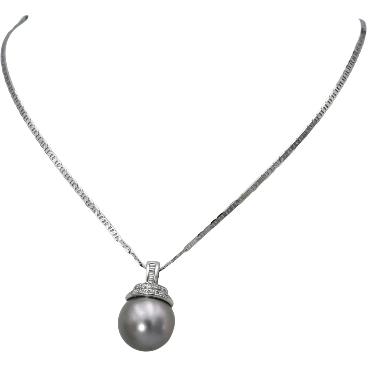 18k White Gold Round Diamond and 14.5mm Pearl Pendant Necklace 0.10
