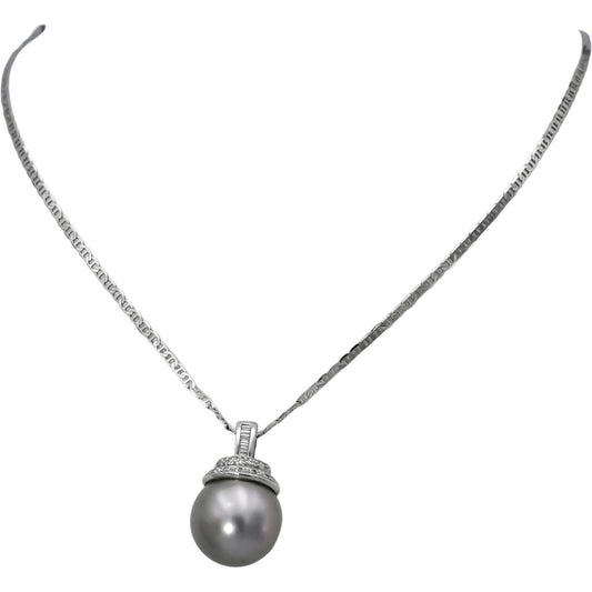 18k White Gold Round Diamond and 14.5mm Pearl Pendant Necklace 0.10
