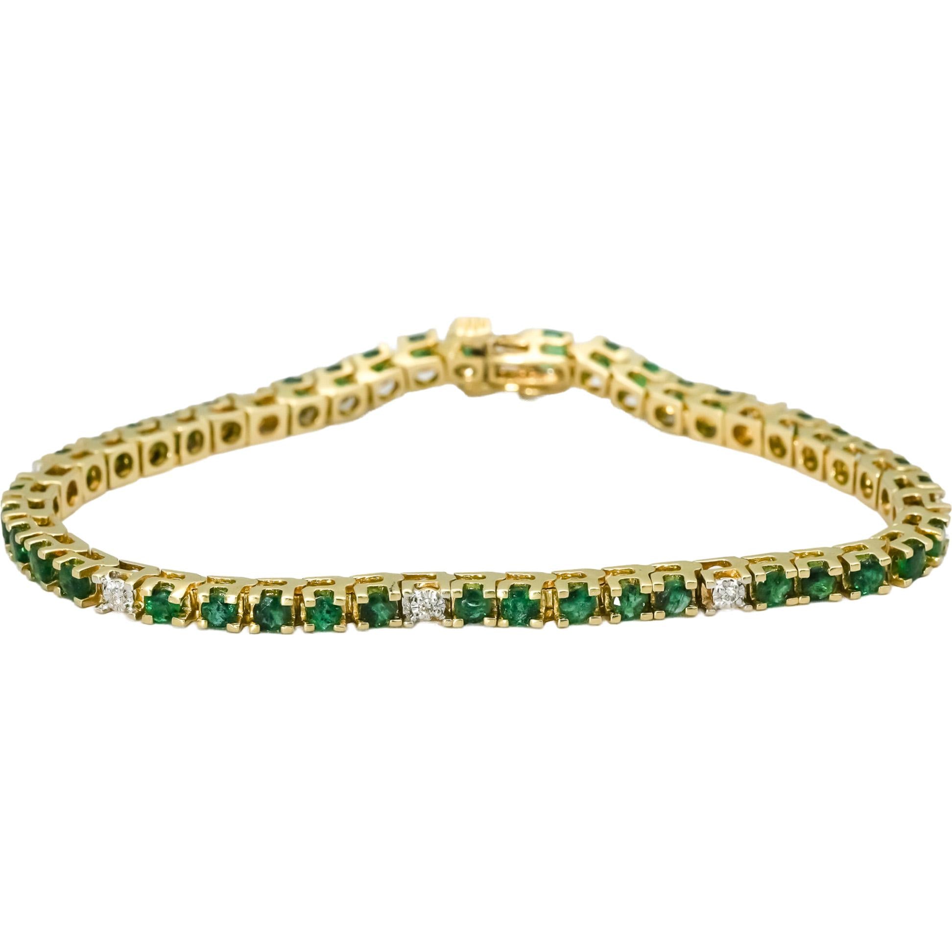 14k Yellow Gold Round Diamond and Emerald Tennis Bracelet 3.60CT