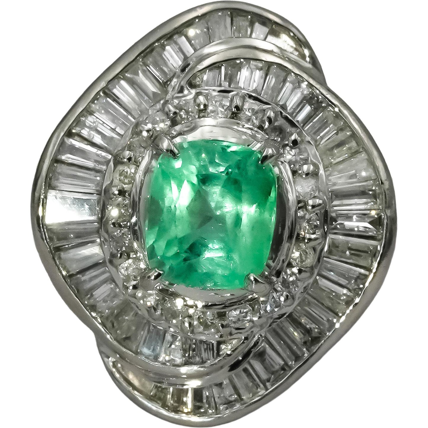 Platinum Round and Baguette Diamond Cushion Emerald Cocktail Ring 2.16CT Sz 6.25