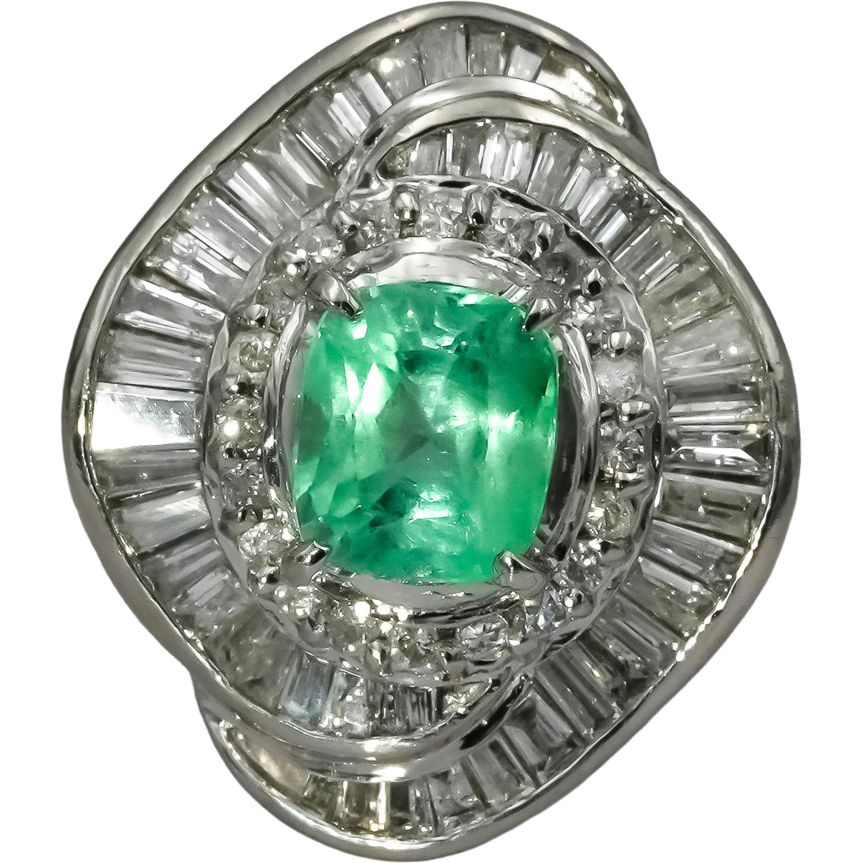 Platinum Round and Baguette Diamond Cushion Emerald Cocktail Ring 2.16CT Sz 6.25
