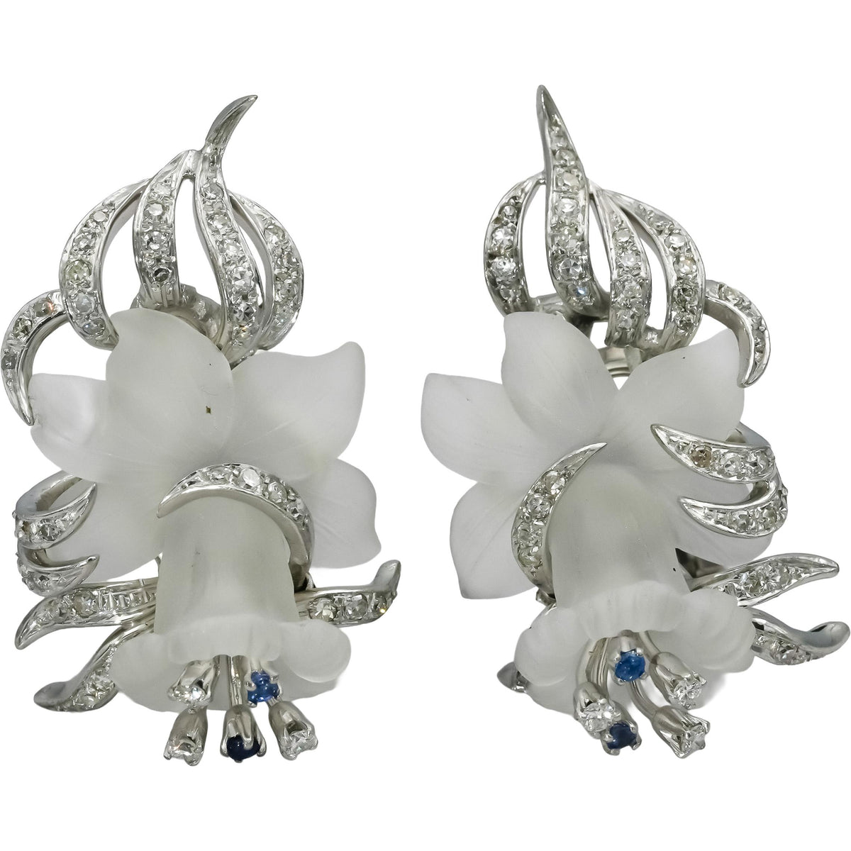 14k White Gold Diamond Rock Crystal Floral Earrings 0.50CT w/ Sapphire Accents