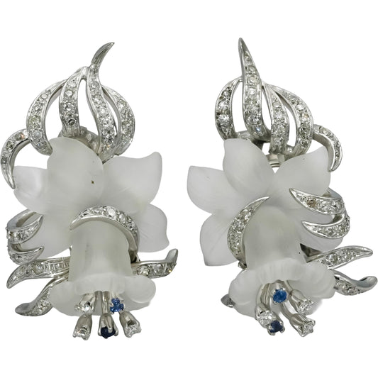 14k White Gold Diamond Rock Crystal Floral Earrings 0.50CT w/ Sapphire Accents