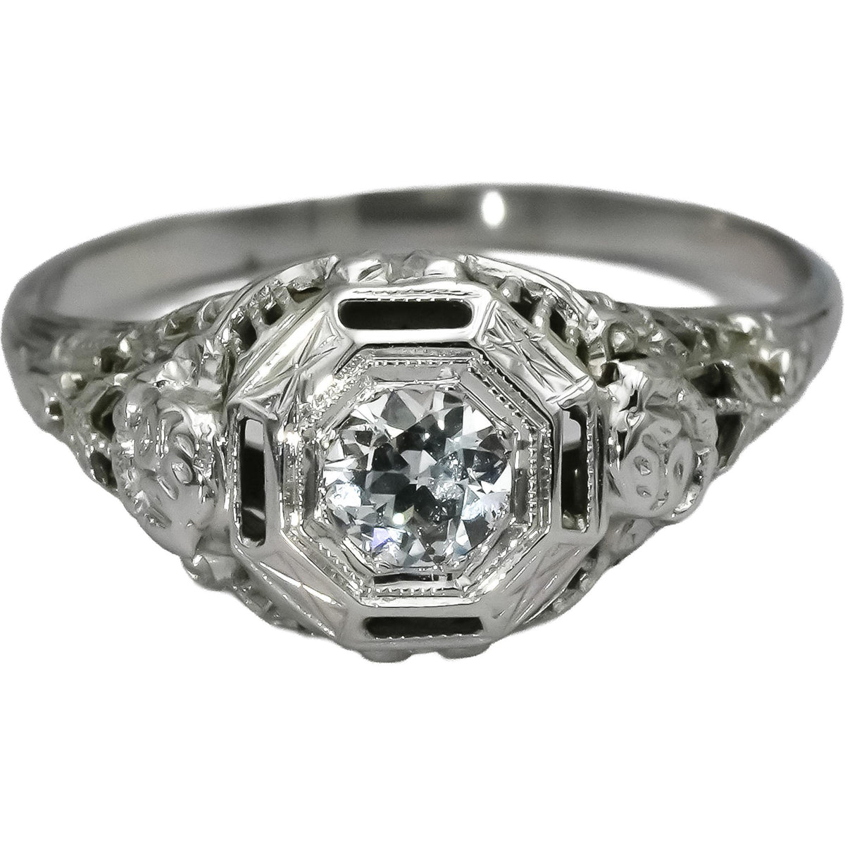 18k White Gold VS Round Diamond Filigree Ring 0.27CT Size 6.75