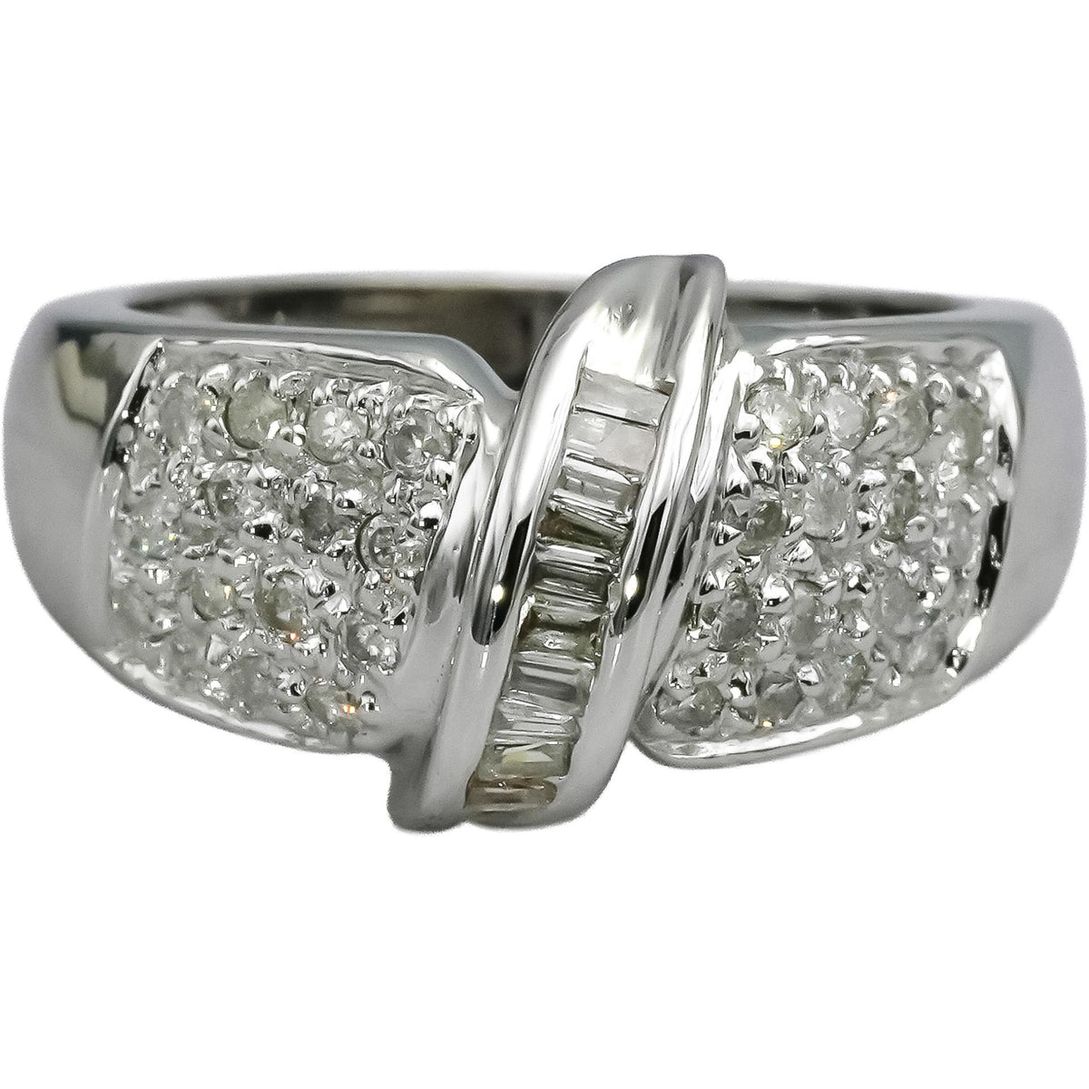 14k White Gold Round and Baguette Pave Diamond Ring 0.50CT Size 6.25