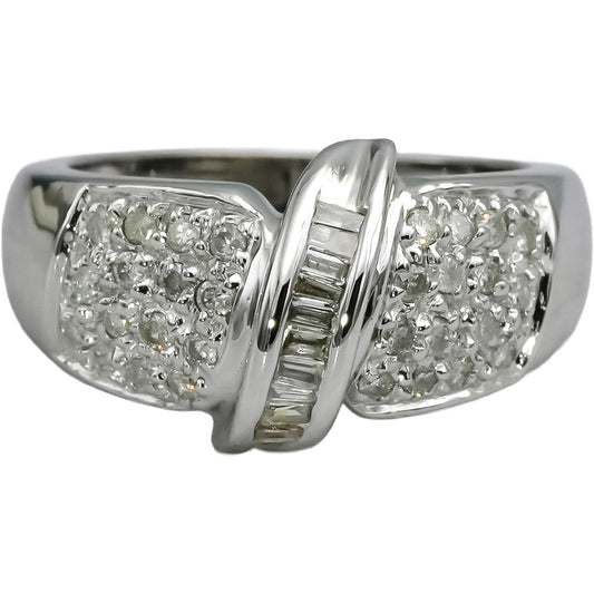 14k White Gold Round and Baguette Pave Diamond Ring 0.50CT Size 6.25