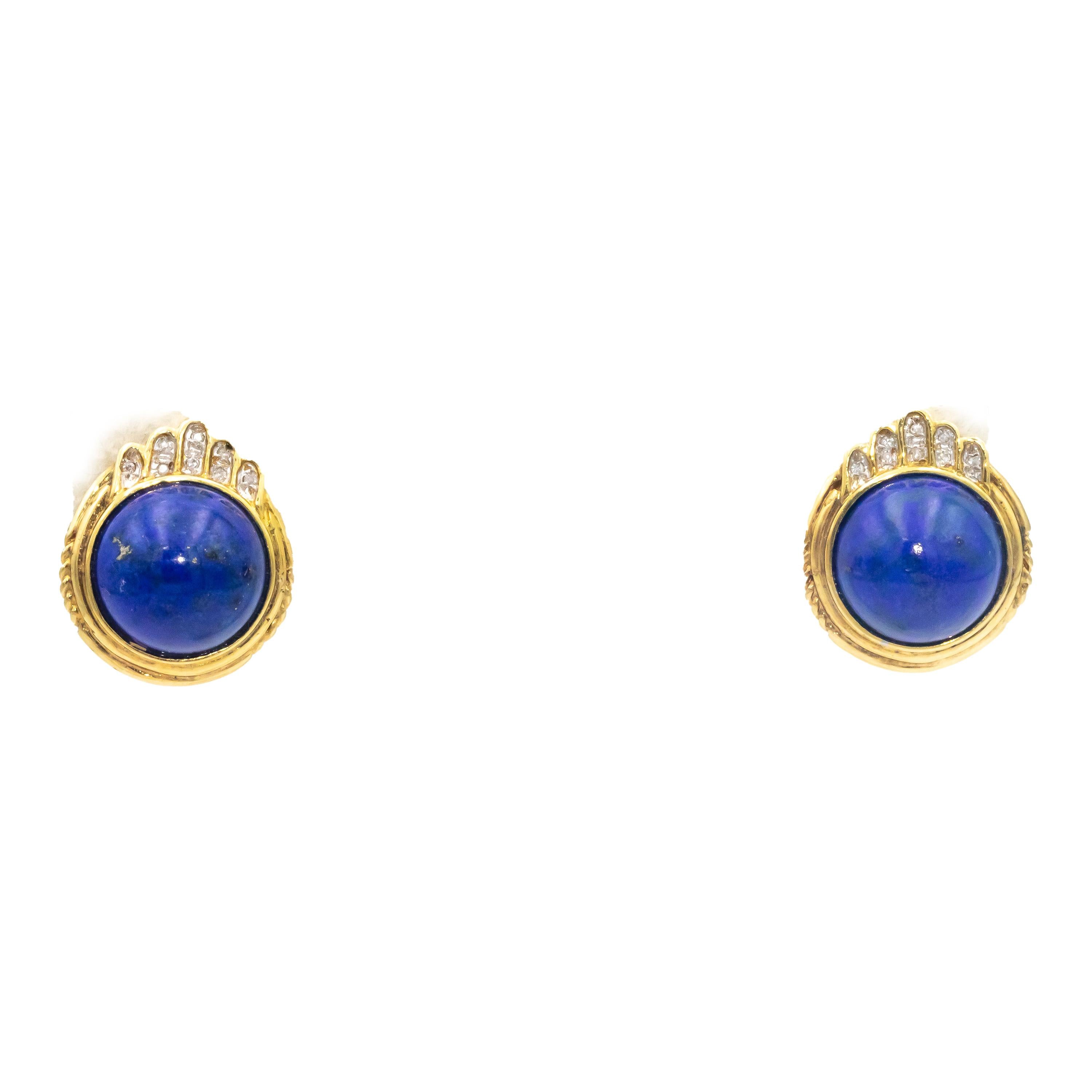 14k Yellow Gold Round Diamond and 11.2mm Lapis Lazuli Earrings 0.10CT