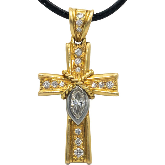 18k Yellow White Gold 0.60CT Diamond Cross Pendant Necklace w/ 0.40CT Center