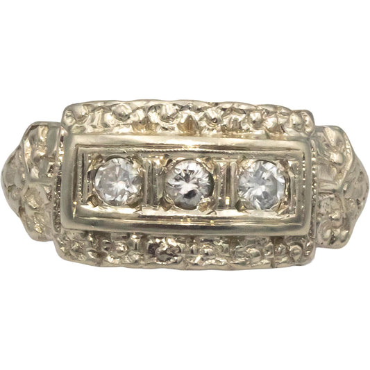 Vintage Antique 14k White Gold .25CT Diamond Filigree Floral Band Ring Size 7.25
