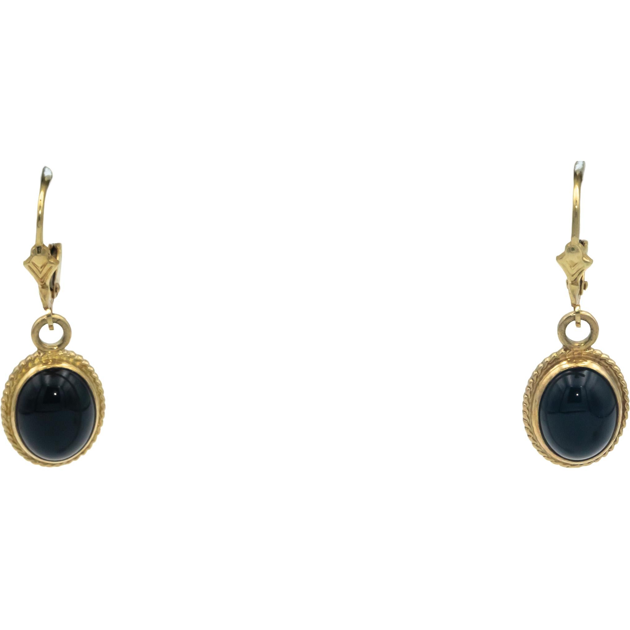 14k Yellow Gold Oval Cabochon Cut Bezel Set Onyx Drop Dangle Earrings