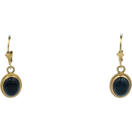14k Yellow Gold 8.7 x 7.2mm Oval Cabochon Cut Onyx Drop Dangle Earrings
