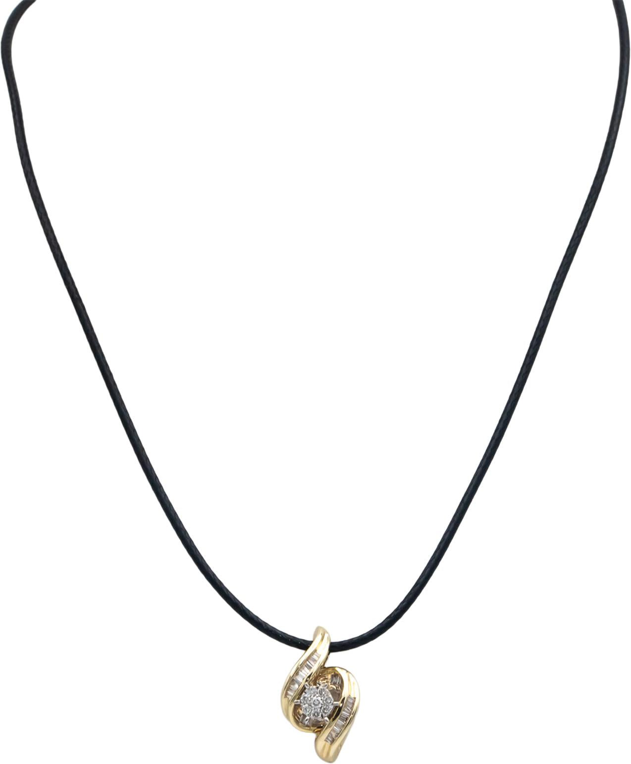 10k Yellow Gold 0.25CT Round and Baguette Cut Diamond Pendant Necklace
