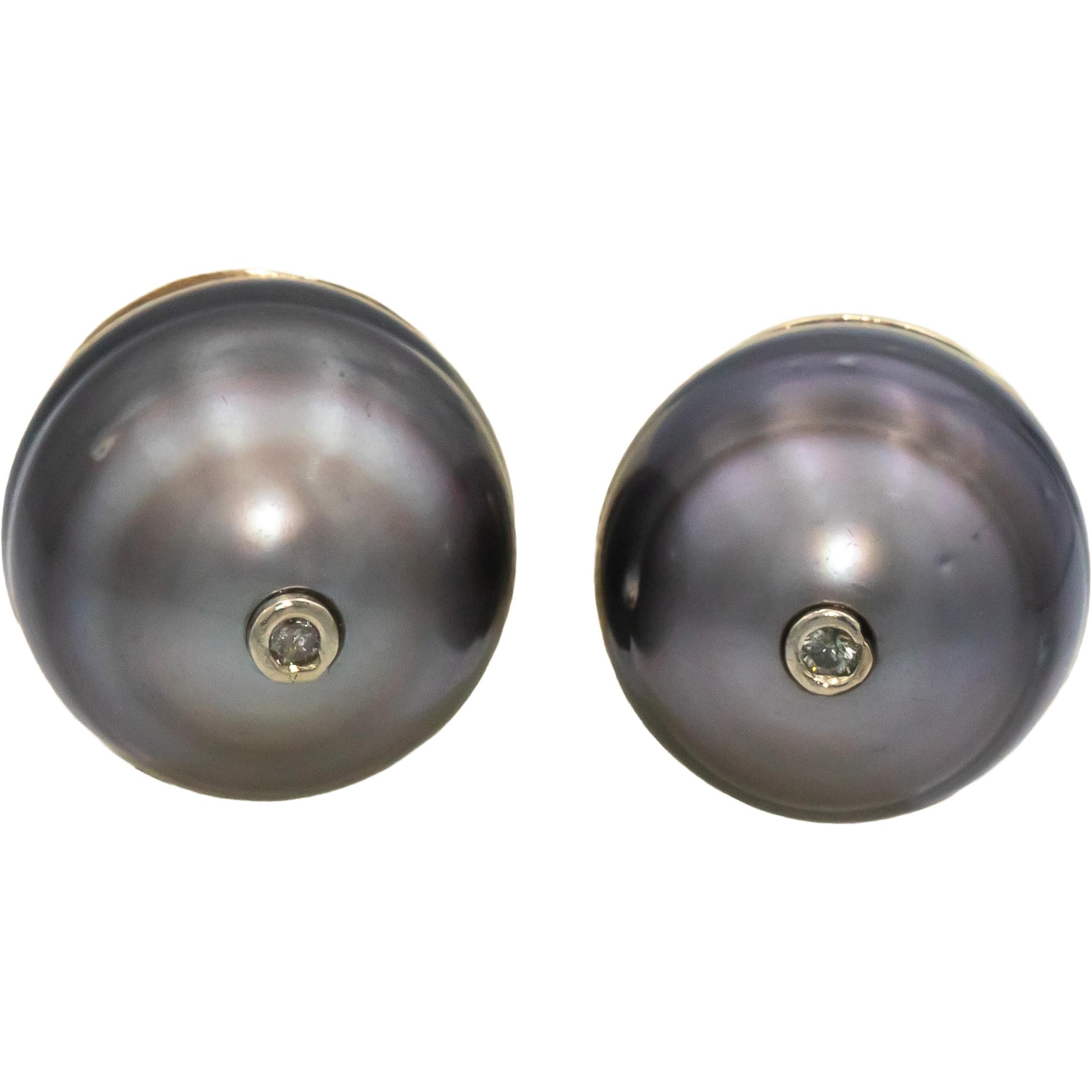 14k Gold Black Tahitian Pearl and Diamond Accent Stud Earrings 0.04CTW