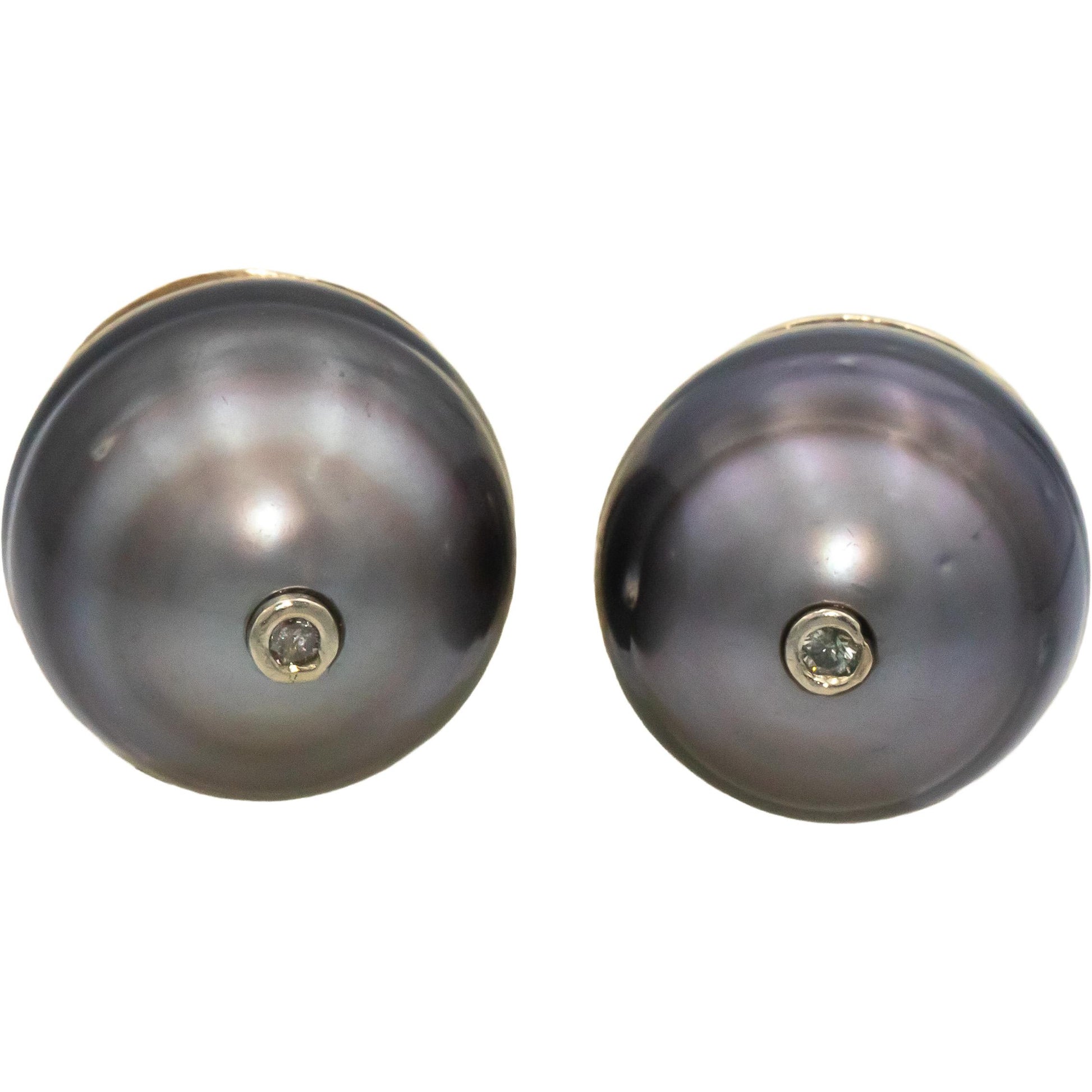 14k Gold 15.7mm Black Tahitian Pearl and 0.04CT Diamond Accent Stud Earrings