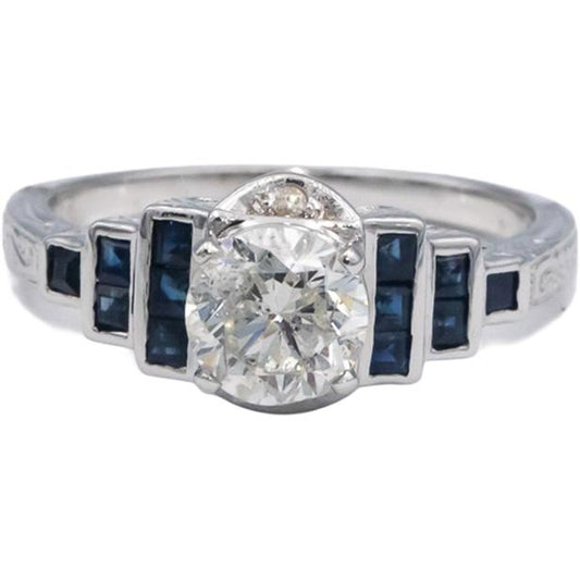Vintage 14k White Gold 1.39CT Diamond and Sapphire Engraved Ring Size 7.25