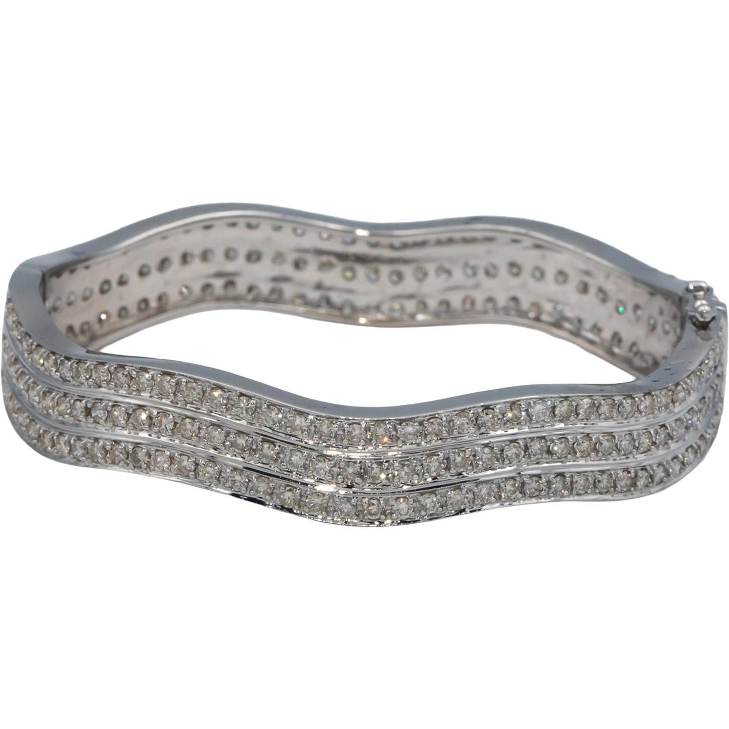 Diamond Round Cut 18k White Gold Three Row Wavy Bangle Bracelet 5.50CT