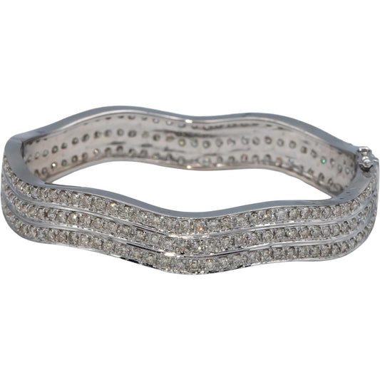 Diamond Round Cut 18k White Gold Three Row Wavy Bangle Bracelet 5.50CT