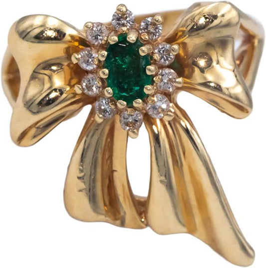 14k Yellow Gold 0.32CT Diamond and Emerald Ribbon Bow Ring Size 6