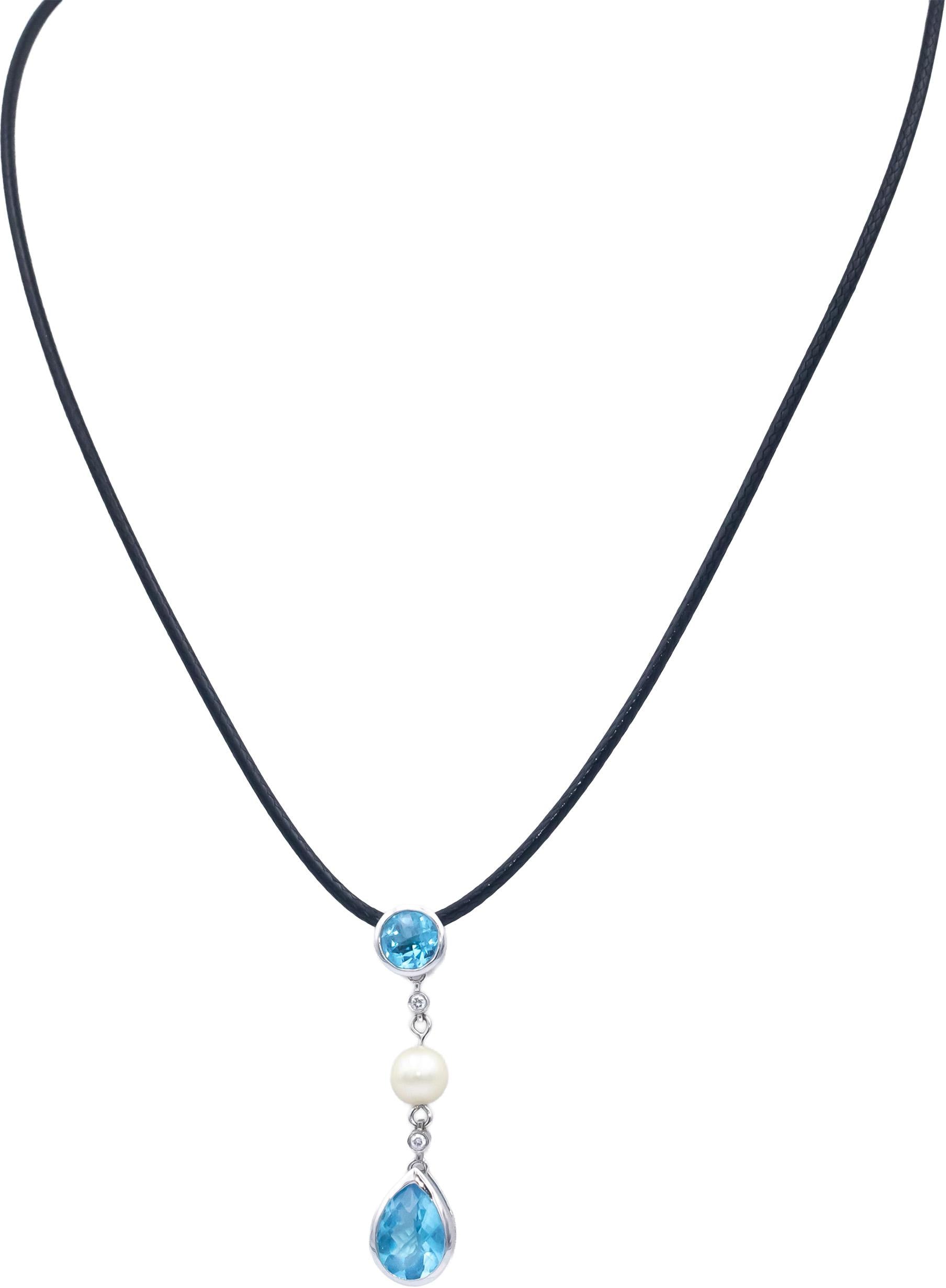 14k White Gold 2.02CT Diamond Blue Topaz 6mm Pearl Pendant Necklace