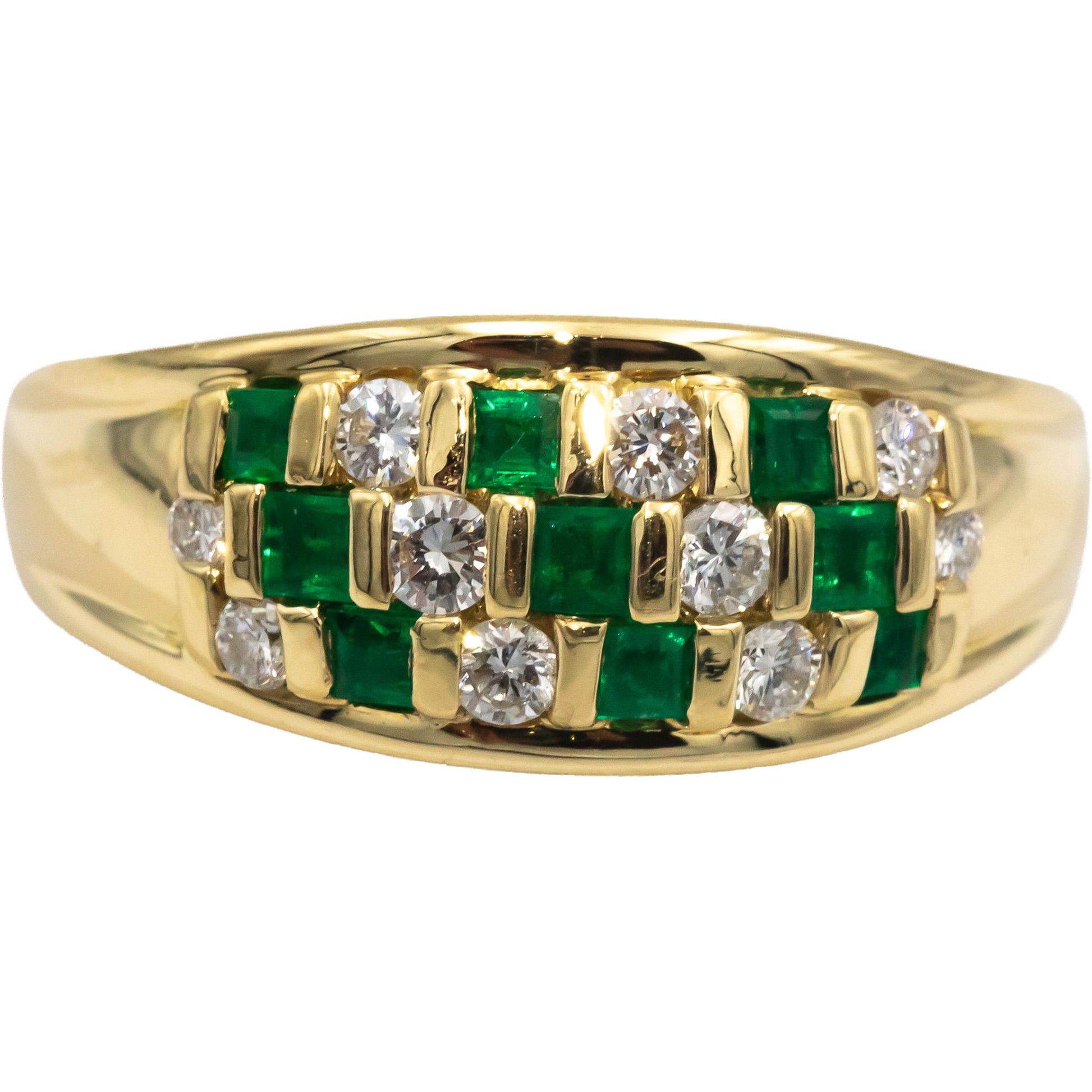 Designer 18k Yellow Gold 0.85CT Diamond and Emerald Band Ring Size 10.5