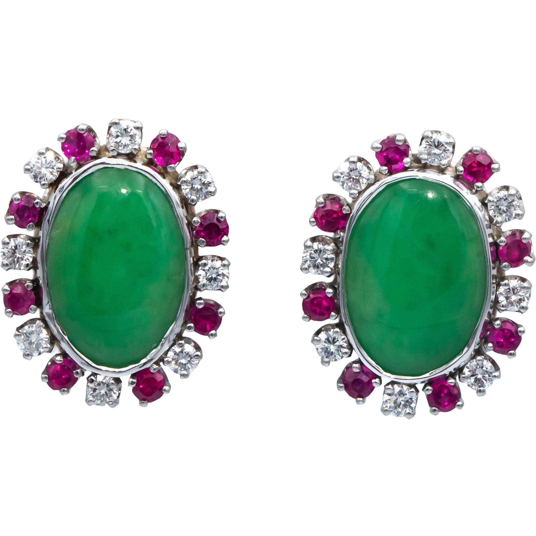 CGL Cert. 14k White Gold Jade Ruby Diamond Clip On Earrings 8.30CT $19300 Retail