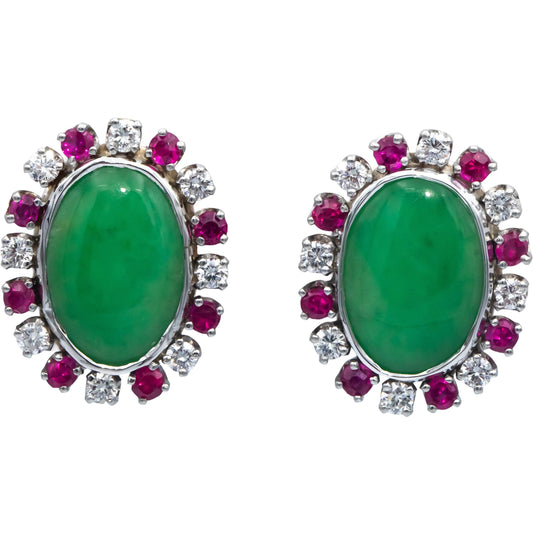 CGL Cert. 14k White Gold 8.30CT Jade Ruby Diamond Clip On Earrings $19300 Retail