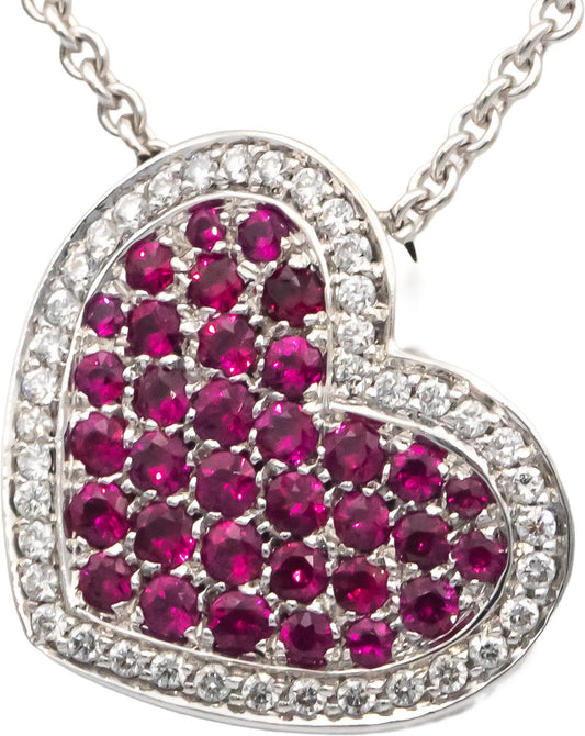 BIRKS 18k White Gold 1.46CT Diamond & Ruby Cluster Heart Pendant Chain Necklace
