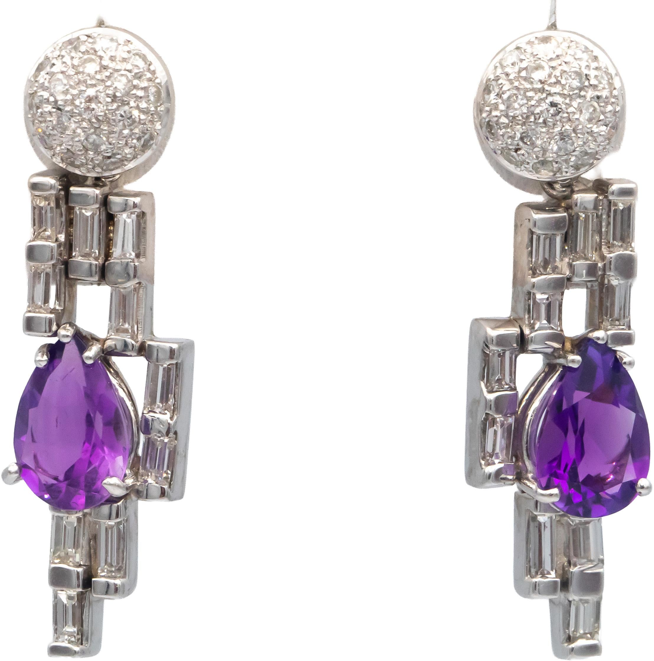18k White Gold Diamond and Amethyst Drop Dangle Earrings 4.25CT