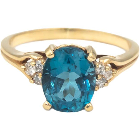 14k Yellow Gold 3.06CT Blue Topaz & Diamond Cocktail Ring Size 9