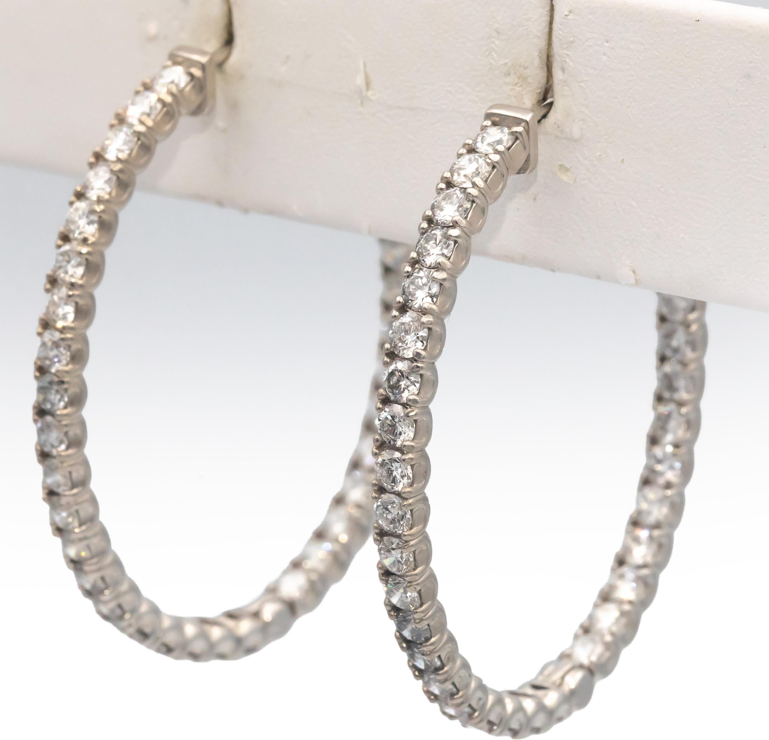 18k White Gold VS Round Diamond Oval Hoop Inside Out Earrings 5.78CT