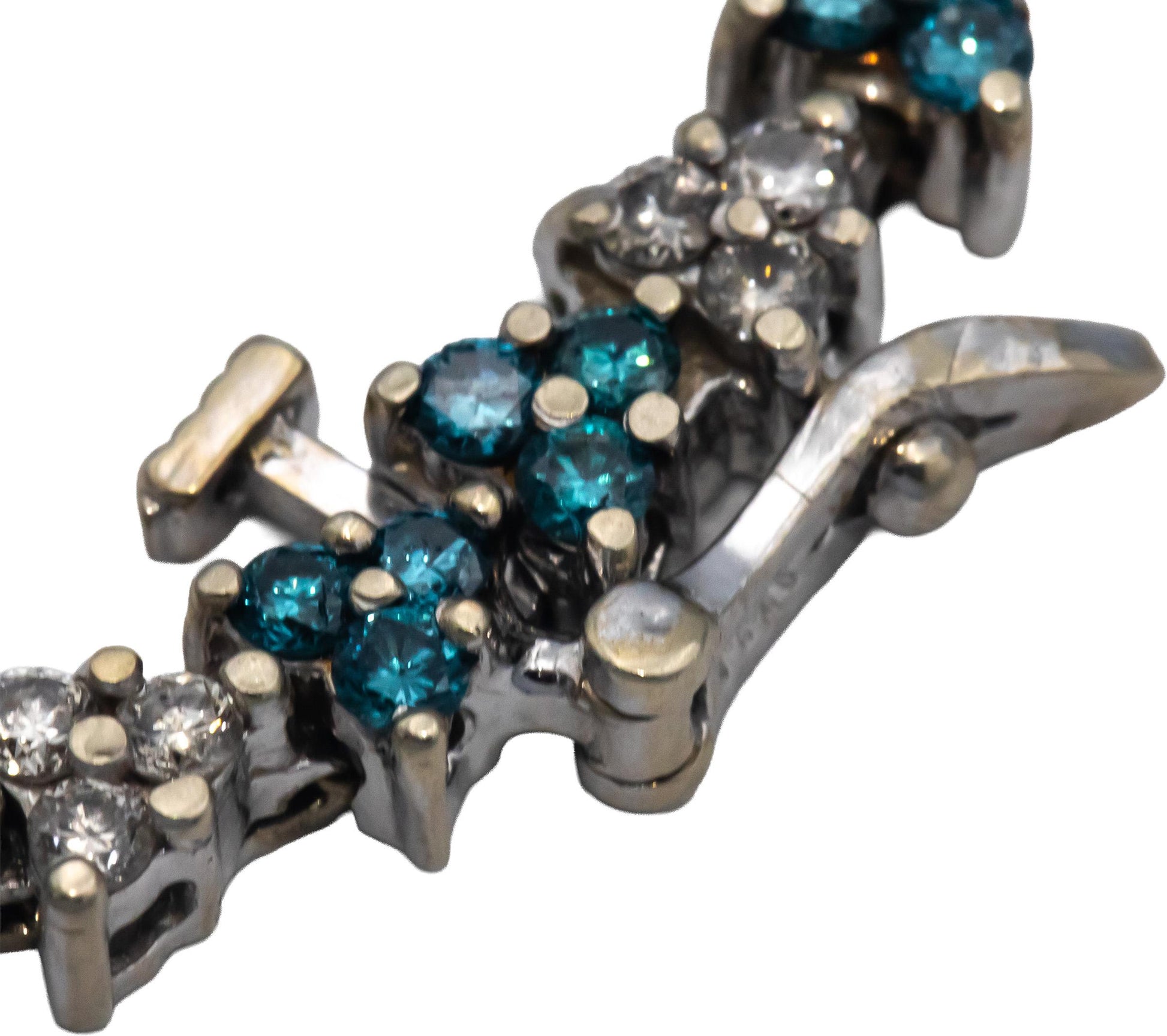 14k White Gold 2.50CT Round Cut White and Blue Diamond Fancy Link Bracelet