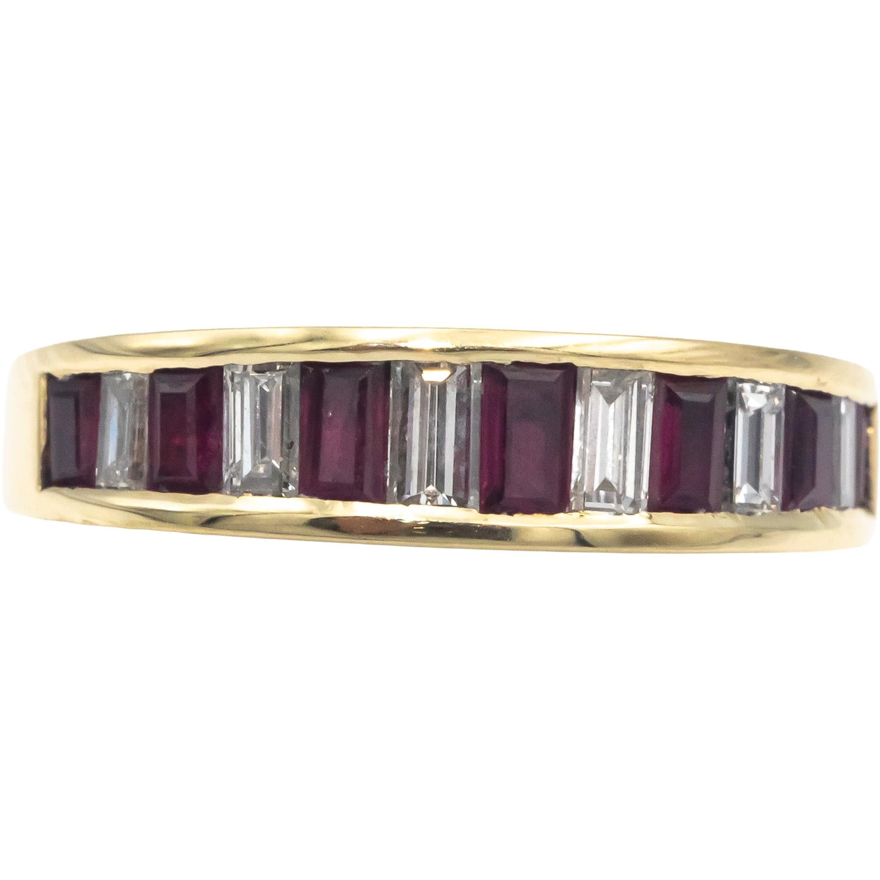 14k Yellow Gold 0.76CT Baguette Cut Channel Set Diamond & Ruby Band Ring Size 7