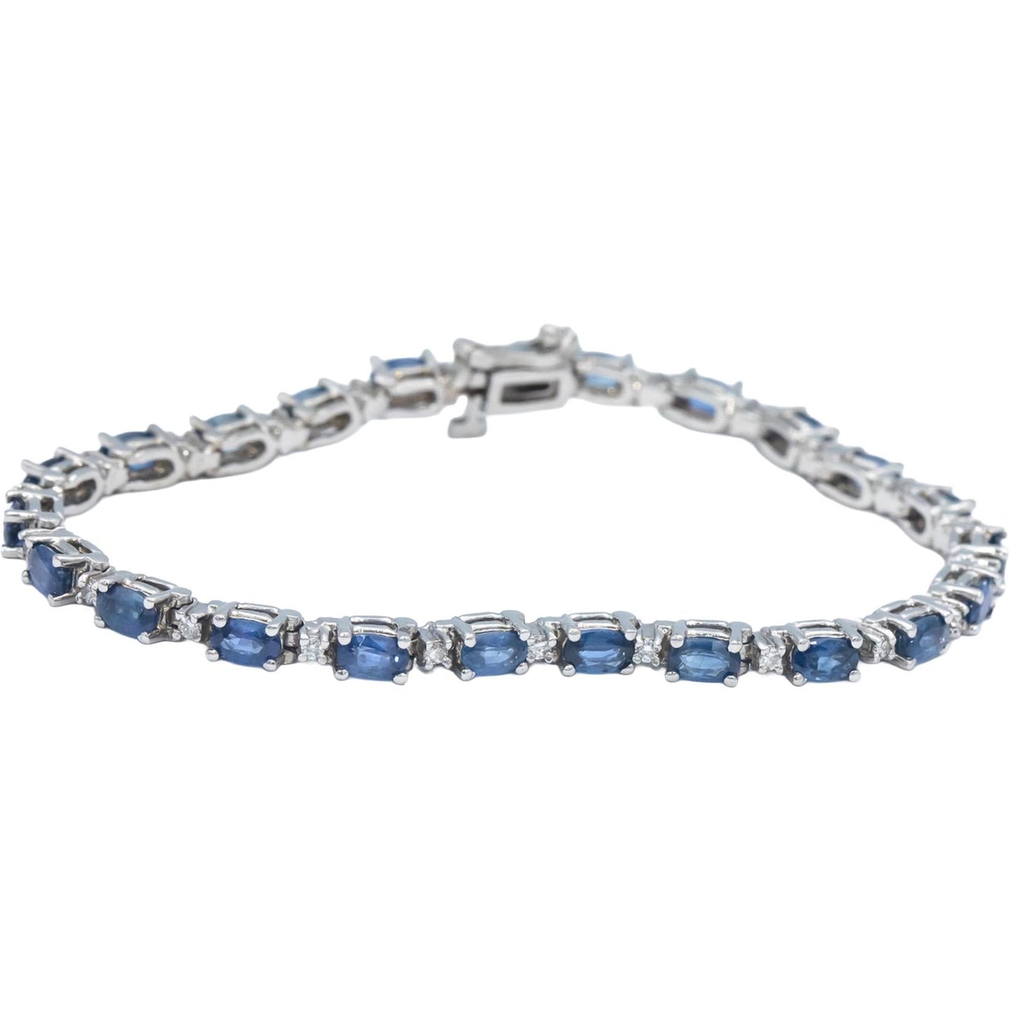 14k White Gold Round Diamond and Marquise Blue Sapphire Tennis Bracelet 6.0CT
