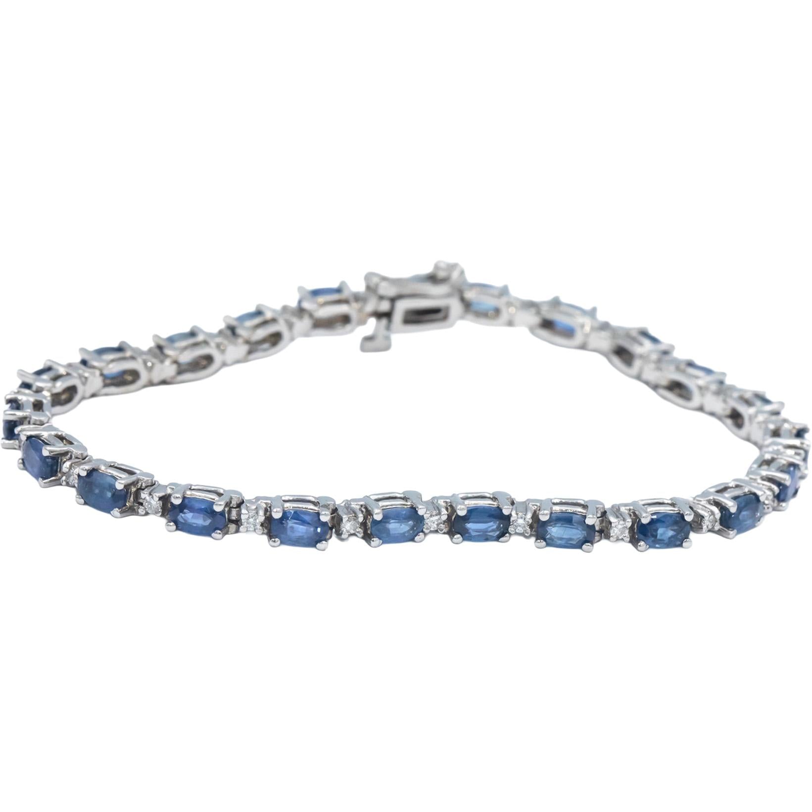14k White Gold Round Diamond and Marquise Blue Sapphire Tennis Bracelet 6.0CT